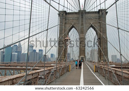 NEW YORK - CIRCA JULY 2009: The Brooklyn bridge circa July 2009 in New York City. The Brooklyn Bridge is one of the oldest suspension bridges in the United States.