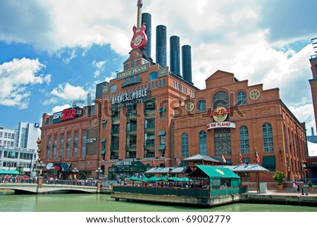 BALTIMORE  - CIRCA JULY 2009: Hard Rock Cafe Power Plant circa July 2009 in Baltimore Maryland, USA. Hard Rock has amassed one of the largest collections of rock and roll memorabilia.