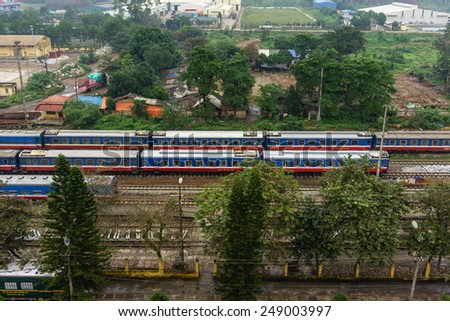 22 November, 2014 Three train stay on Laocai station in Laocai province, Vietnam.