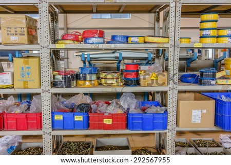 21 June 2015 in a Factory in Hanoi Vietnam, Depot stand to keep spare parts in an electrical switchboard manufacture