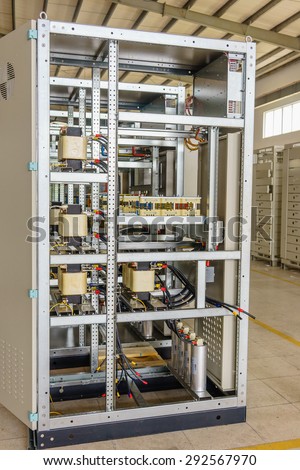21 June 2015 in Hanoi Vietnam, Frame of a electrical switchboard and Branch Euroklas electric equipment in a factory. electrostatic powder coating, standing floor