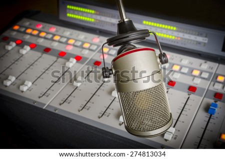 audio console and microphone in the radio studio