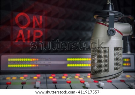 for radio stations: a microphone in radio studio