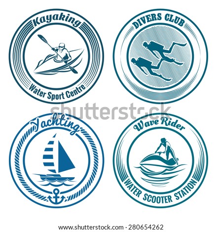 Set of Water Sport stamps or seal with design elements. Kayaking, diving, yachting and water scooter sport. Isolated on white background. No gradient used.