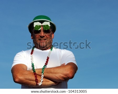 Irish Man With Green Derby And Funny Beer Mug Sunglasses