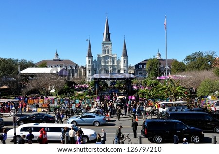 NEW ORLEANS, LA.-FEBRUARY 1:  Jackson Square, in the New Orleans French Quarter, on Feb.1, 2013.  The square is packed with live television broadcasts and tourists during Superbowl XLVII week.