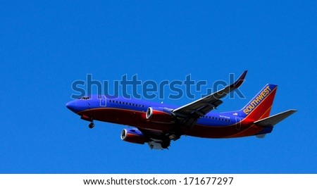 NEW ORLEANS, LA. - JANUARY16: A Southwest Airline Passenger Jet On Final Approach To New Orleans International Airport on January 16, 2014.  Southwest is the world\'s largest low cost carrier