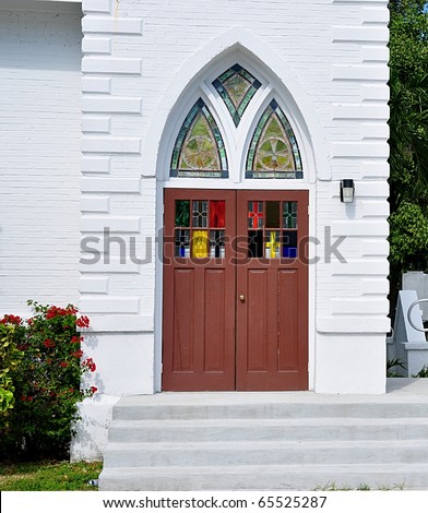 Entry Doors To Old Church With Stained Glass