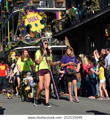 NEW ORLEANS, LA.-FEB. 8:  The Mystic Krewe Of Barkus parades through the New Orleans French Quarter on February 8, 2015.  Barkus is a Mardi Gras parade dedicated to dogs, pups and their owners.