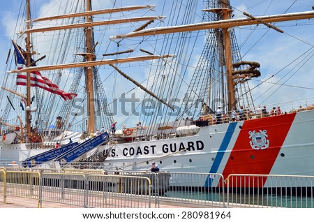 KEY WEST,FL.-MAY 24: The United States Coast Guard Cutter EAGLE, known as America\'s Tall Ship, docks in Key West on May 24, 2015, for Memorial Day Weekend, offering tours of the vessel to visitors.