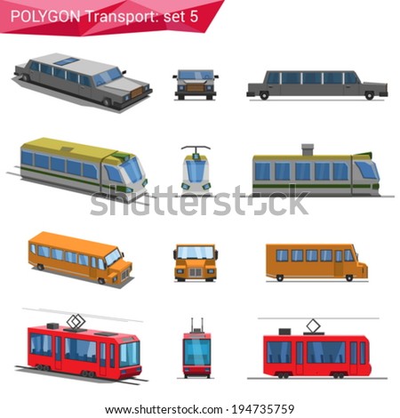 Polygonal Style Vehicles Vector Icon Set. Limousine, Train, School Bus 