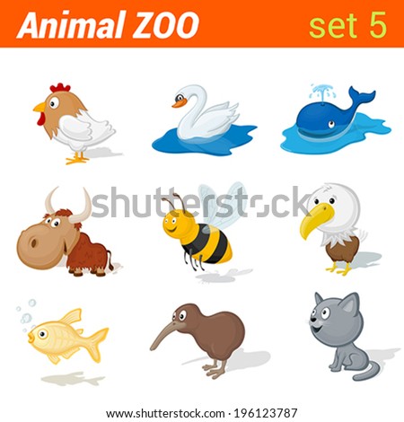 Funny children animals icon set. Kid language learning elements. Rooster, swan, whale, yak, bee, eagle, golden fish, kiwi bird, cat.  Animal Zoo collection.