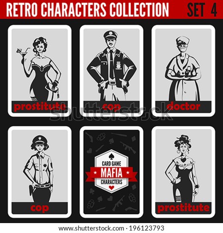 Retro vintage people collection. Mafia noir style. Prostitutes, Cops, Doctor.  Professions silhouettes.
