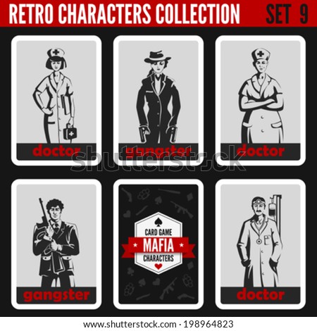 Vintage retro people collection. Mafia noir style. Gangsters, Doctors.  Professions silhouettes.