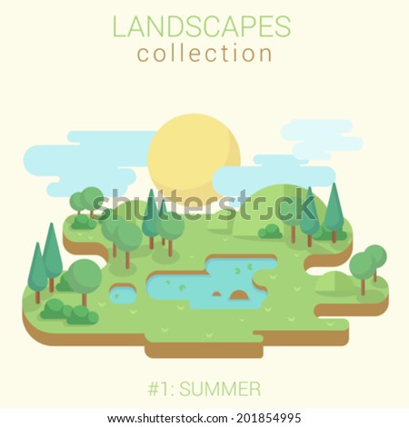 Flat style land scenic sunny summer green meadow lake pond in forest vector template. Landscapes vector illustration collection.