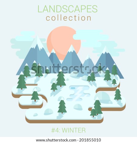 Flat style land scenic winter forest ice frozen lake pond in forest vector template. Landscapes vector illustration collection.