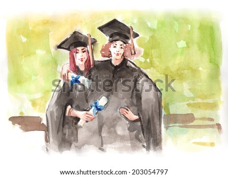 Watercolor drawing paining portrait friends female graduates in uniform with diploma certificate. High resolution watercolors draw collection.
