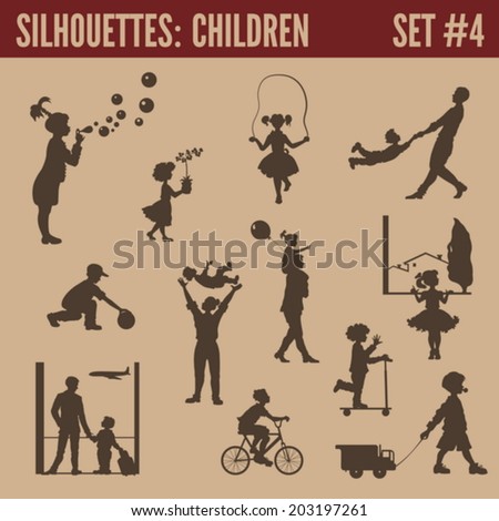 Silhouette people collection. Children and parents play lifestyle bubbles silhouettes.