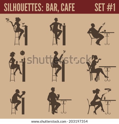 Silhouette people collection Cafe bar restaurant bistro cafeteria visitors men women silhouettes Silhouette people collection Cafe bar restaurant bistro cafeteria visitors men women silhouettes