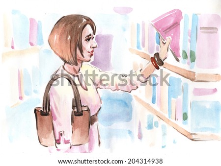 Water color drawing young woman in the library takes book from shelf. Education abstract female portrait concept. High detail watercolor draw collection.