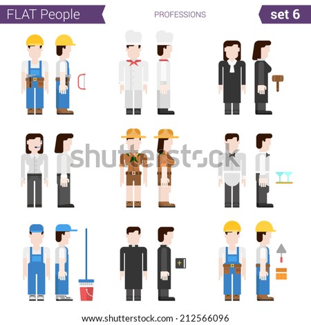 Flat style design professional people vector character avatar set. Professions carpenter, cook, judge, constructor, cowgirl, waiter, cleaner, priest. Flat people collection.