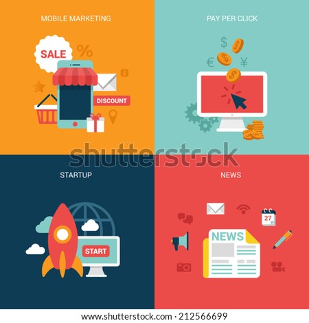 Flat design vector illustration concept process icons set of modern mobile marketing pay per click startup business news Big flat processes collection Flat design vector illustration concept process icons set of modern mobile marketing pay per click startup business news Big flat processes collection