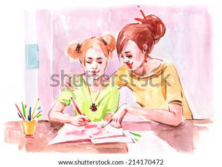 Watercolor drawing painting mom and daughter do homework classes. Education study knowledge concept. Collection of hand made water color art draw paintings.