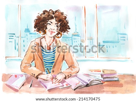 Watercolor drawing painting girl student sitting by desk in classroom writing notebook on lesson. Education study knowledge concept. Collection of hand made water color art draw paintings.