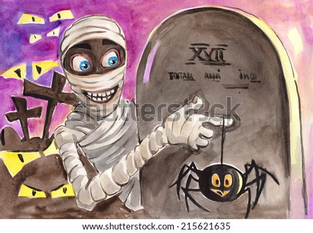 Watercolor hand drawn drawing painting illustration image Halloween holiday concept postcard poster template. Funny scary cemetery mummy on grave with spider. Big water color collection.