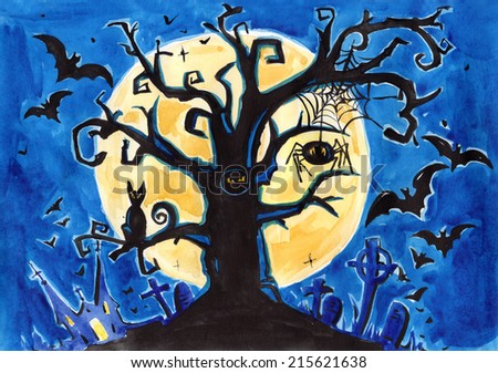 Watercolor hand drawn drawing painting illustration image Halloween holiday concept postcard poster template. Scary night forest tree bats black cat spider web. Big water color collection.