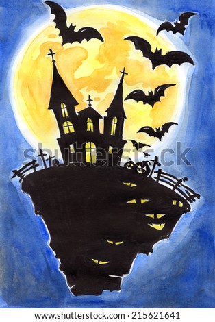 Watercolor hand drawn drawing painting illustration image Halloween holiday concept postcard poster template. Scary night black magic castle over full moon bats. Big water color collection.