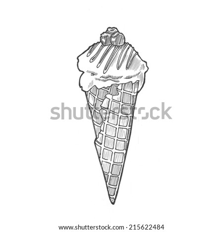 Engraving style hatching pen pencil painting illustration ice-cream cone image. Engrave hatch lithography drawing collection.