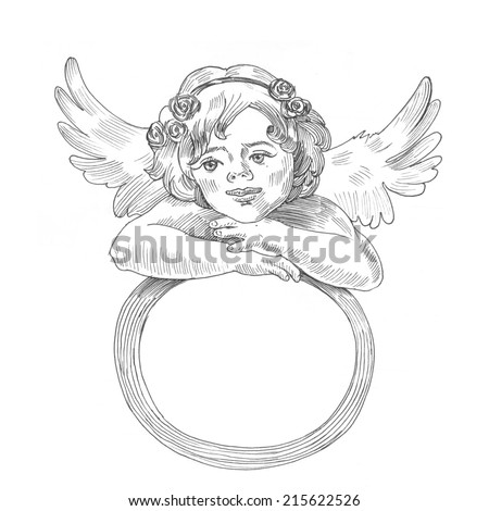 Engraving style hatching pen pencil painting illustration cupid Valentine Day frame template image. Engrave hatch lithography drawing collection.