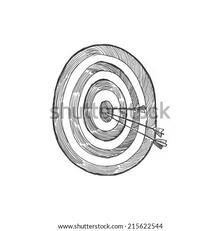 Engraving style hatching pen pencil painting illustration target marketing concept image. Arrows at bulleye target. Engrave hatch lithography drawing collection.