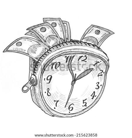 Engraving style hatching pen pencil painting illustration time is money wallet concept image. Clock with zip like wallet with money banknotes. Engrave hatch lithography drawing collection.