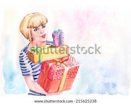 Watercolor hand drawn drawing painting illustration portrait of happy young girl with presents gift boxes. Big water color collection.