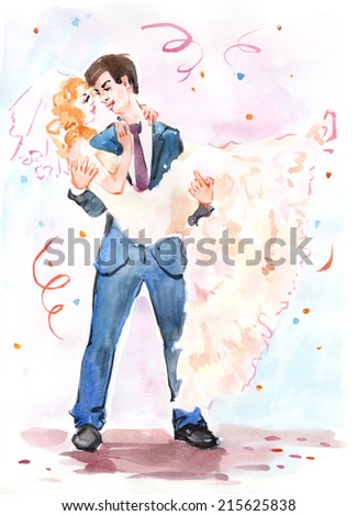 Watercolor hand drawn drawing painting illustration wedding couple. Bride and groom. Big water color collection.