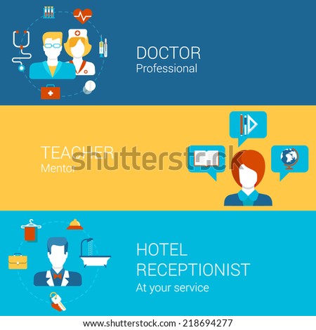 Professions people and professional tools concept flat icons set of doctor teacher hotel receptionist and vector web illustration website click infographics elements collection