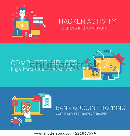 Hacker Internet Computer Security Technology Concept Flat Icons Banners Template Set Hack Crack Hackers Website Template