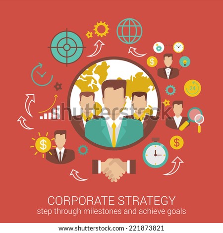 Corporate business strategy flat style design vector illustration concept. Collage of business people deal contract partnership time money report infographics. Big flat conceptual collection.