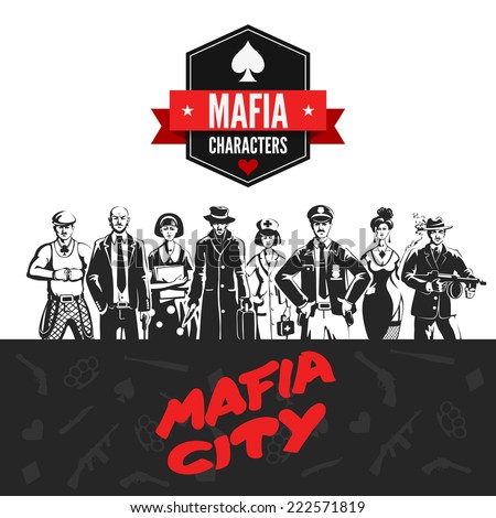Mafia vintage people professions uniform abstract portrait silhouettes concept. Gangsters policeman teacher doctor killer. Noir style  collection.