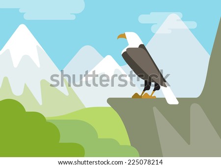 Eagle on the rock mountain habitat flat design cartoon vector wild animals birds. Flat zoo nature children collection.
