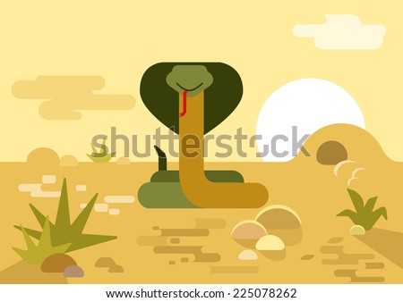 Cobra snake burrow desert flat design cartoon vector wild animals reptiles. Flat zoo nature children collection.