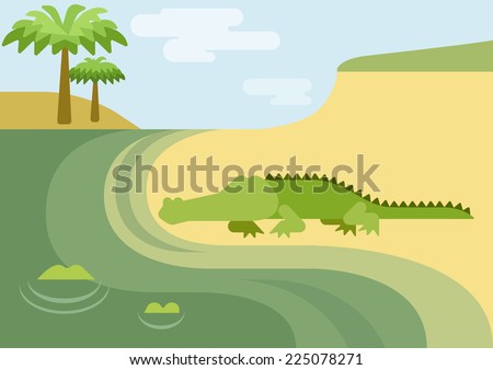 Alligator gator crocodile habitat flat design cartoon vector wild animals reptiles. Flat zoo nature children collection.
