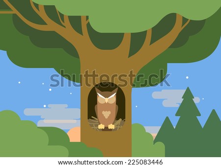 Owl in a hollow tree forest habitat flat design cartoon vector wild animals birds. Flat zoo nature children collection.