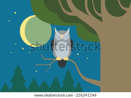 Owl in a hollow tree night forest habitat flat design cartoon vector wild animals birds. Flat zoo nature children collection.