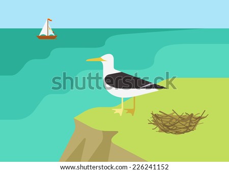 Seagull near gull nest on the sea ocean beach flat design cartoon vector wild animals birds. Flat zoo nature children collection.