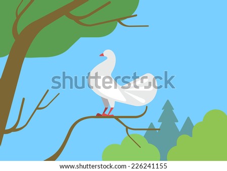 Dove pigeon on tree branch flat design cartoon vector wild animals birds. Flat zoo nature children collection.