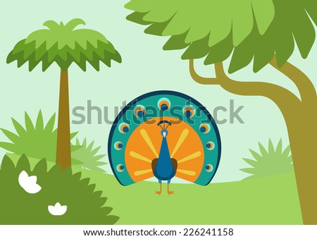 Peacock with flowing tail in forest habitat flat design cartoon vector wild animals birds. Flat zoo nature children collection.