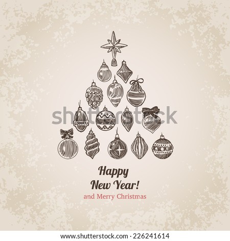 Christmas tree decorations set New Year handdrawn engraving style postcard template. Pen pencil crosshatch hatching paper drawing retro vintage vector lineart illustration.
